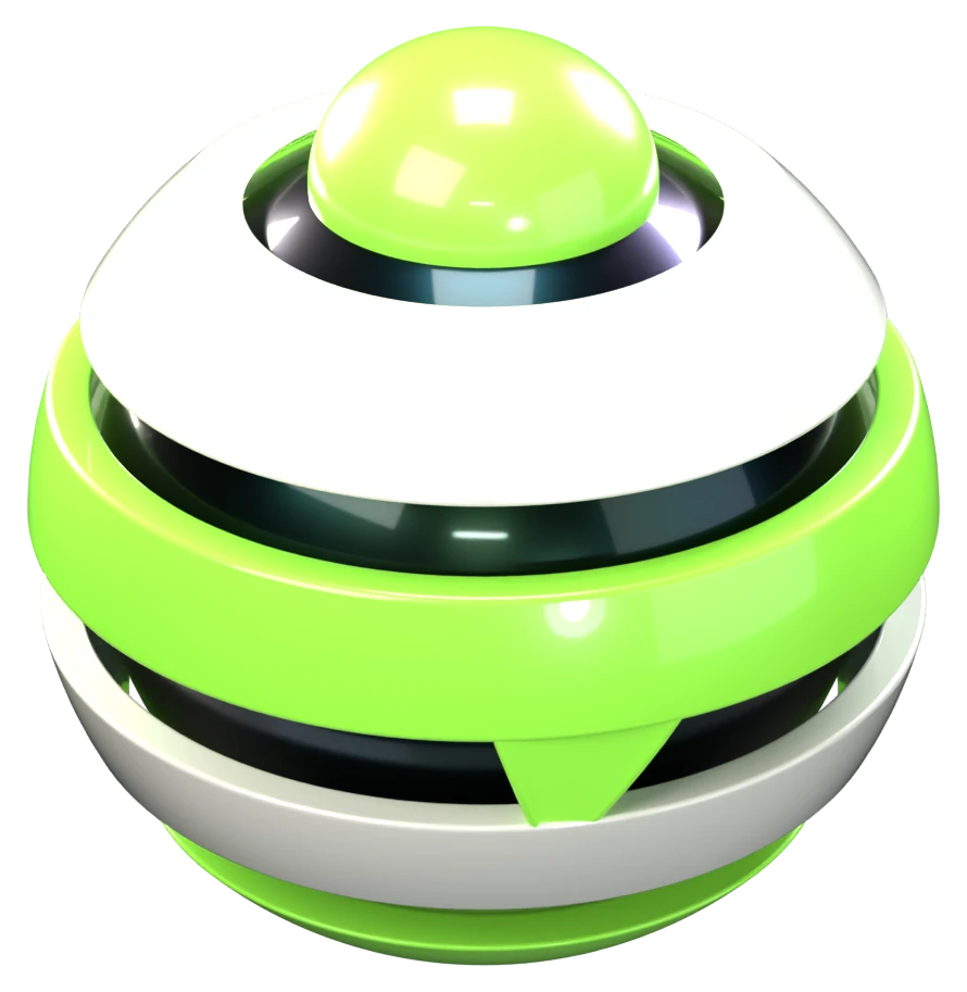 The holo sphere, lime and cream bands around a glossy black core